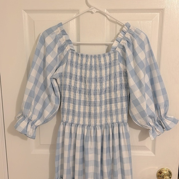 Ivy City Co Mia Blue Cotton Gingham Midi Dress Smocked Puff Sleeve New Size XXS - Picture 10 of 14